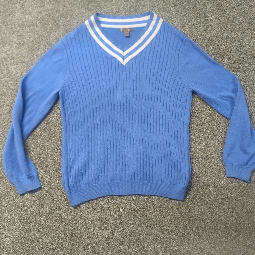 White Stag Cable Knit V-Neck Sweater Womens XL 16-18 Blue Preppy Varsity Stripe